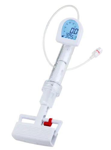 A digital thermometer with a flexible hose connected, used for precise temperature measurements.