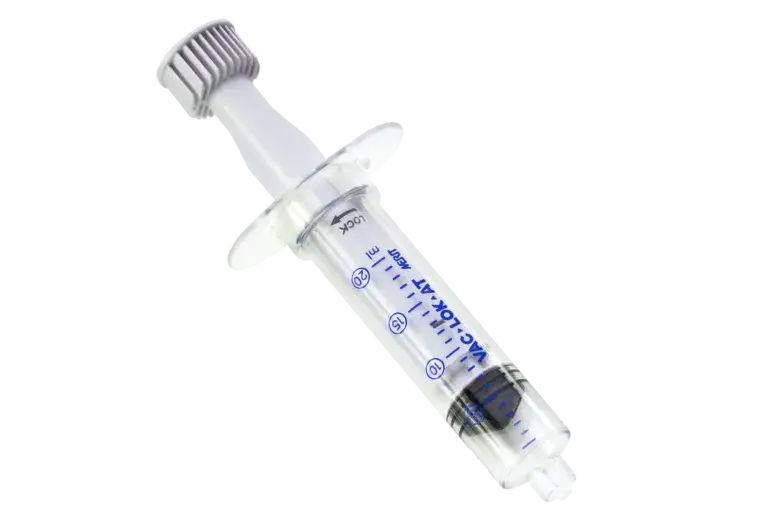 A syringe with a needle attached, commonly used for injections or drawing fluids.