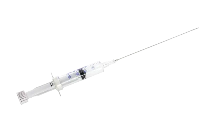 A syringe with a needle positioned against a solid black background.